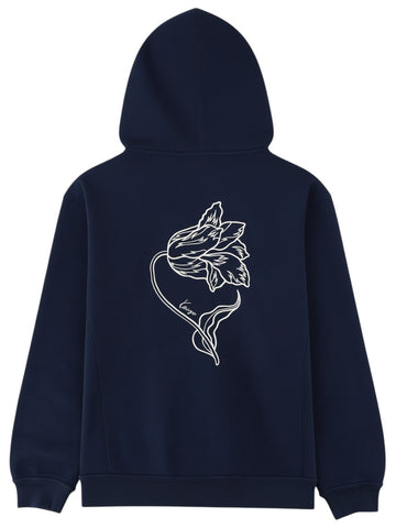 Klosmo Kenzo navy blue cotton hoodie featuring a white line art tulip graphic on the back.