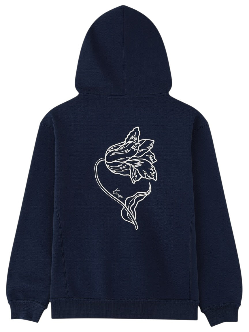 Klosmo Kenzo navy blue cotton hoodie featuring a white line art tulip graphic on the back.