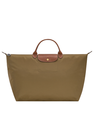 Klosmo LONGCHAMP Le Pliage Original large travel bag in green nylon with brown leather handles and gold snap closure