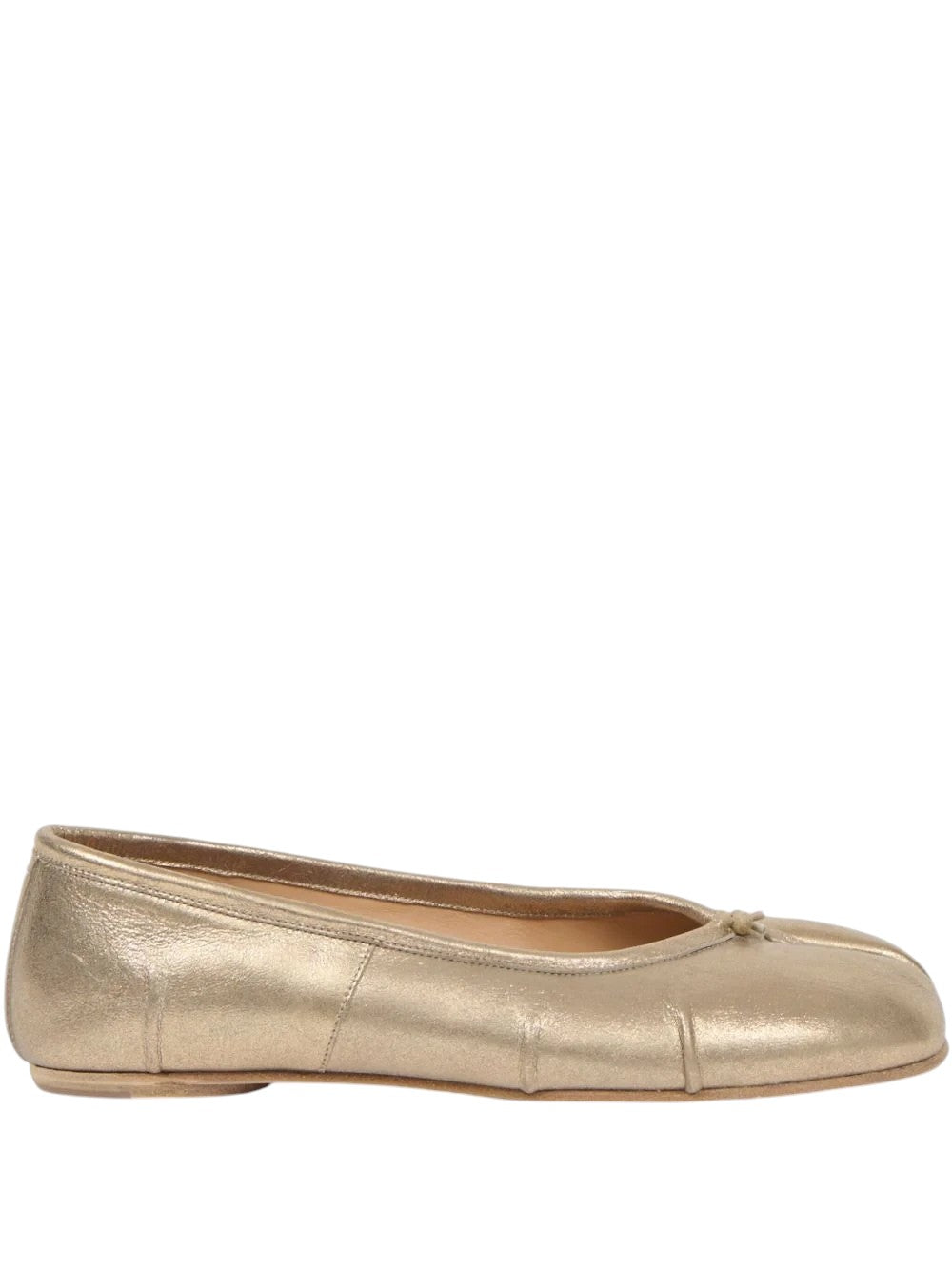 Maison Margiela gold metallic leather Tabi ballerina flats with split toe and bow detail.