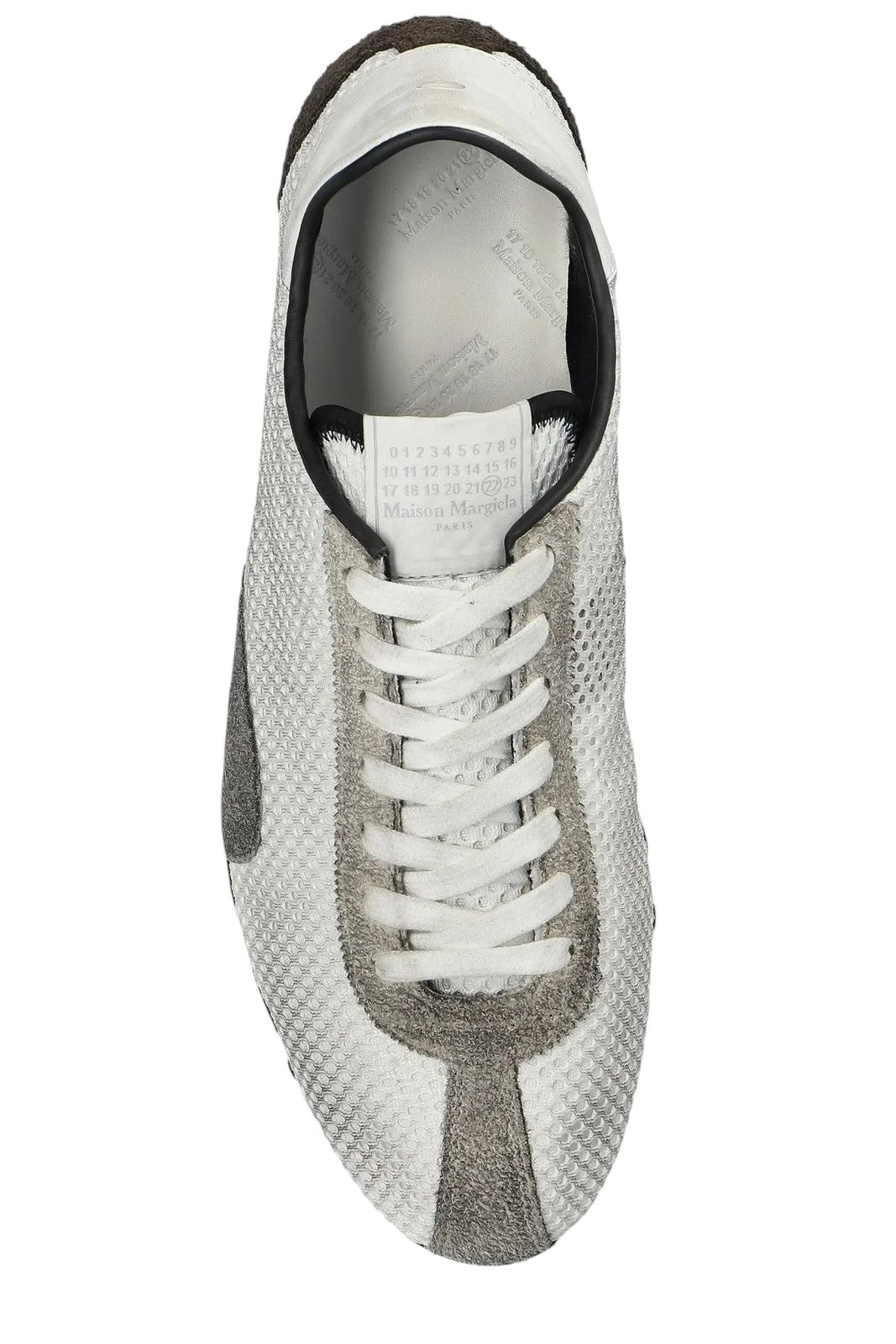 Klosmo Maison Margiela white and grey polyester low top sprinter sneakers with white laces.