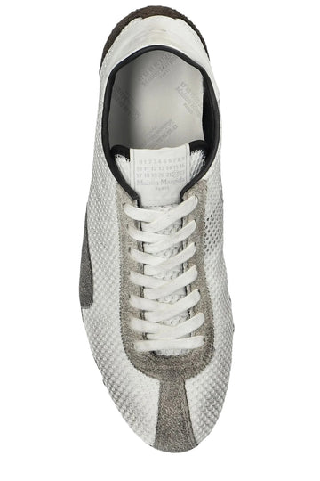 Klosmo Maison Margiela white and grey polyester low top sprinter sneakers with white laces.