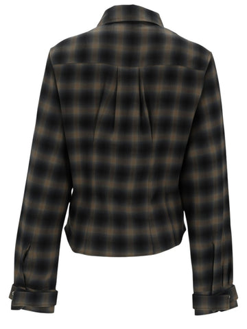 Klosmo Our Legacy Envelop shirt in a black and brown plaid cotton wool blend with a back pleated design