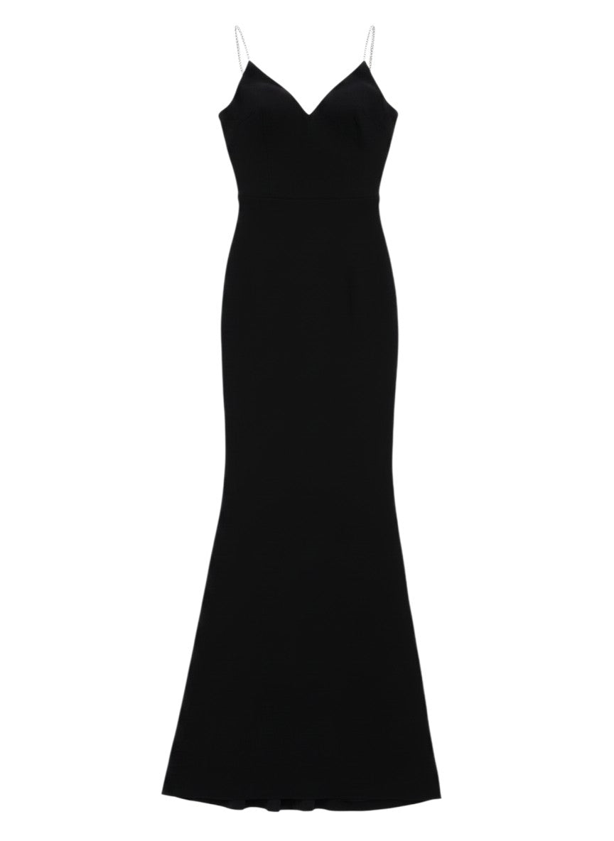 Klosmo TOM FORD black silk sleeveless evening gown with delicate chain straps and a fitted floor-length silhouette.
