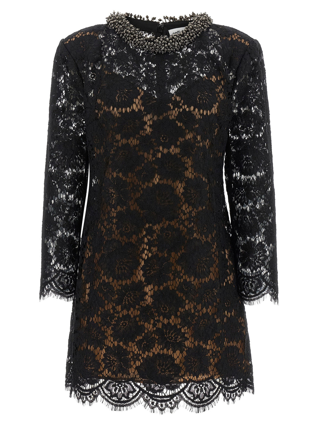 SELF-PORTRAIT - Lace dress with jewel collar Black