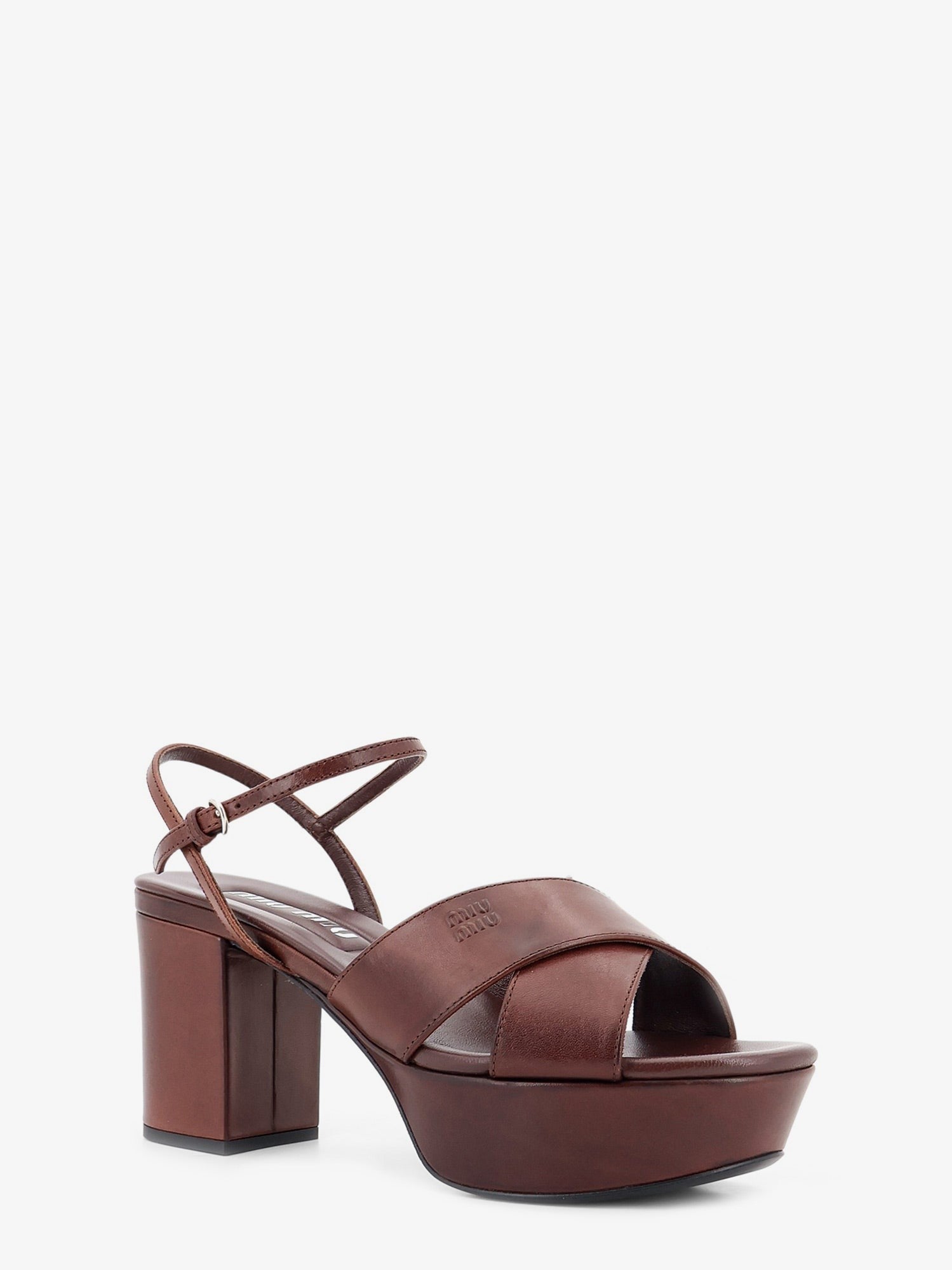 Miu Miu Miu Miu - Leather heeled sandals with engraved logo on the side