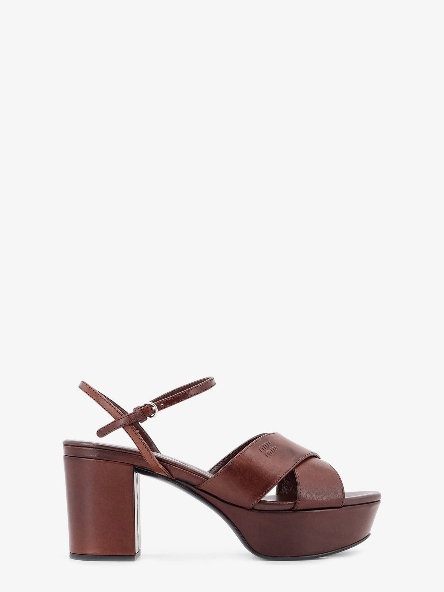 Miu Miu Miu Miu - Leather heeled sandals with engraved logo on the side