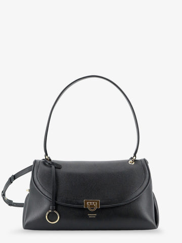 Ferragamo - Leather shoulder bag with Gancini detail Nero testa di moro UNI