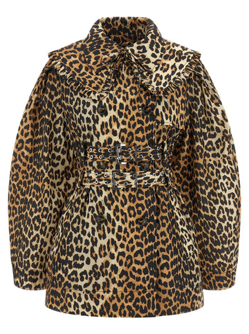 GANNI - 'Leopard Duchesse Nylon Short' trench coat