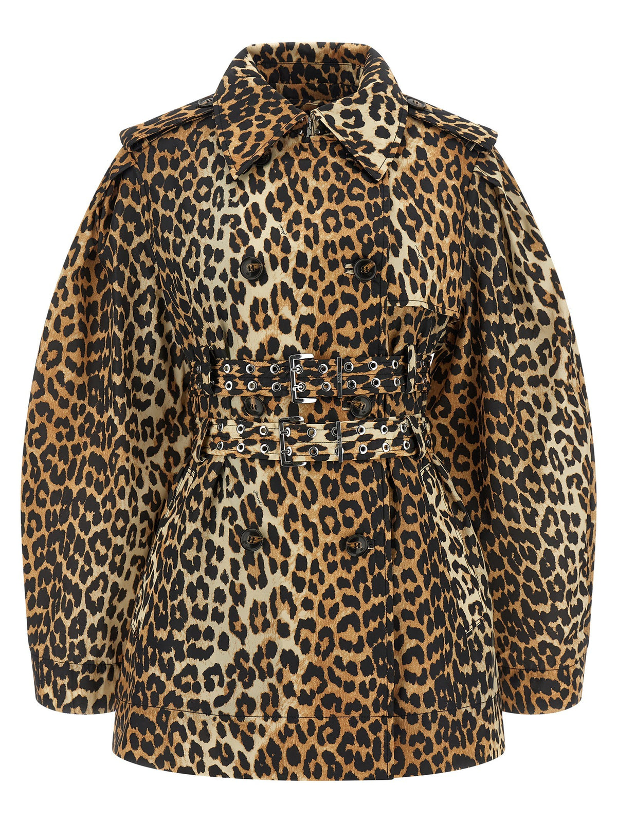 GANNI - 'Leopard Duchesse Nylon Short' trench coat