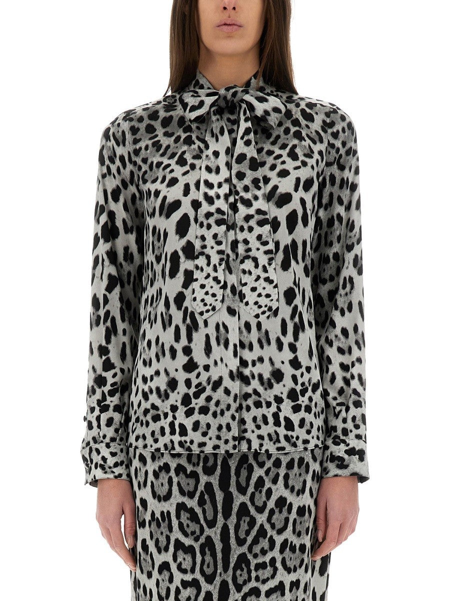 LEOPARD PRINT BOW CHARMEUSE SHIRT