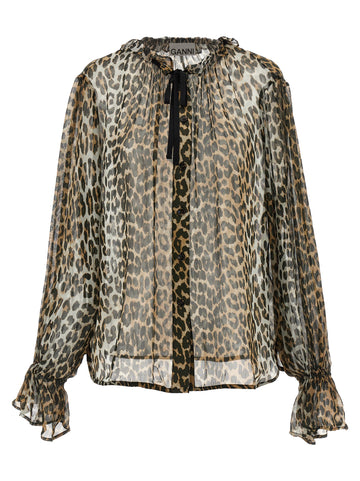GANNI - 'Leopard Print Chiffon Tie String' shirt Brown