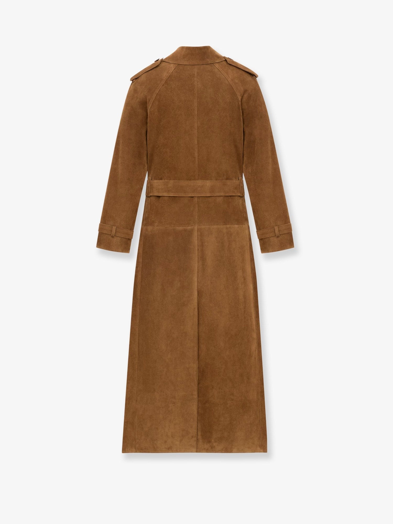 Long double-breasted suede trench coat