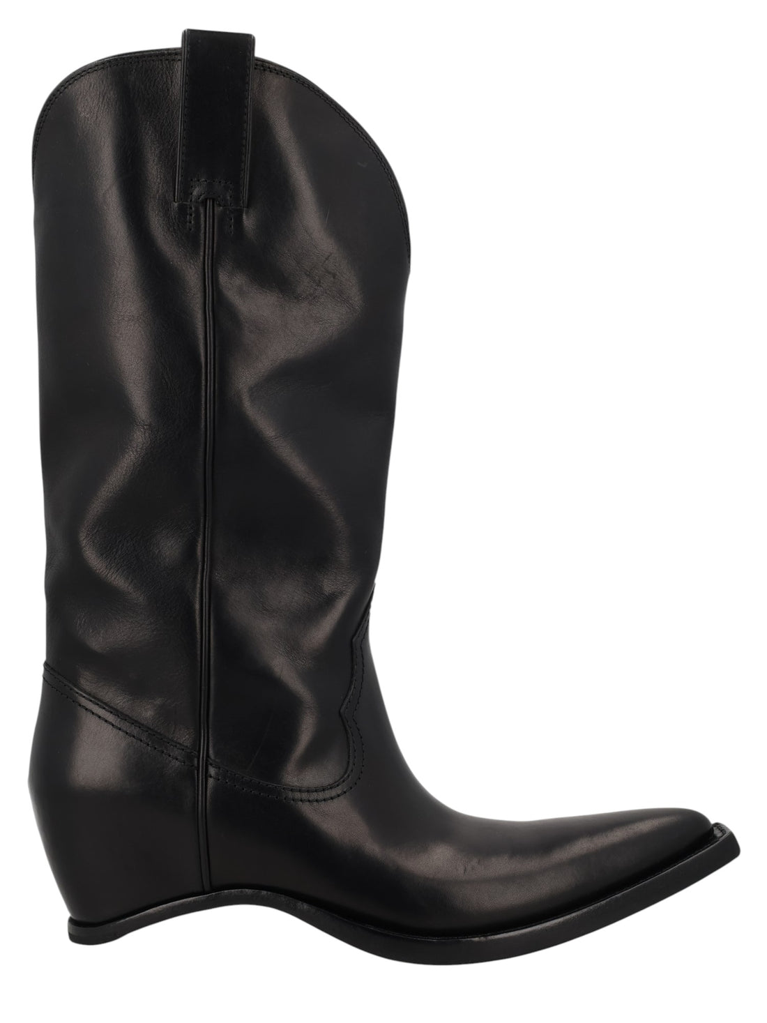 Maison Margiela black calf leather western heel-less cowboy boots with pointed toe.