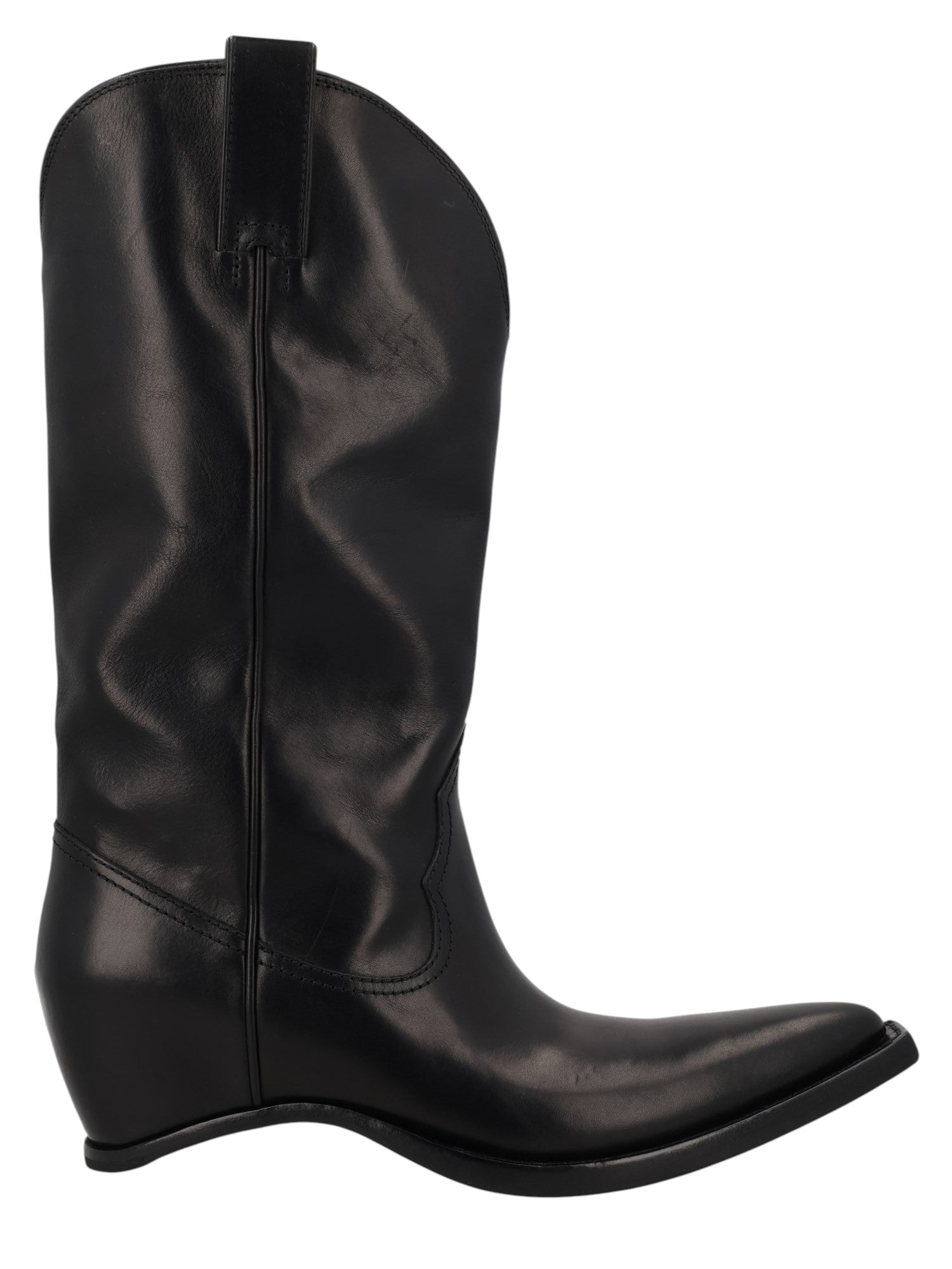 Maison Margiela black calf leather western heel-less cowboy boots with pointed toe.