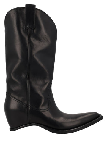 Maison Margiela black calf leather western heel-less cowboy boots with pointed toe.