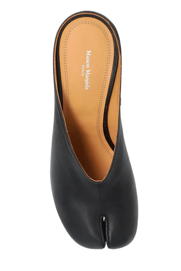 Maison Margiela black leather Tabi mule shoes with split toe and 6cm heel.