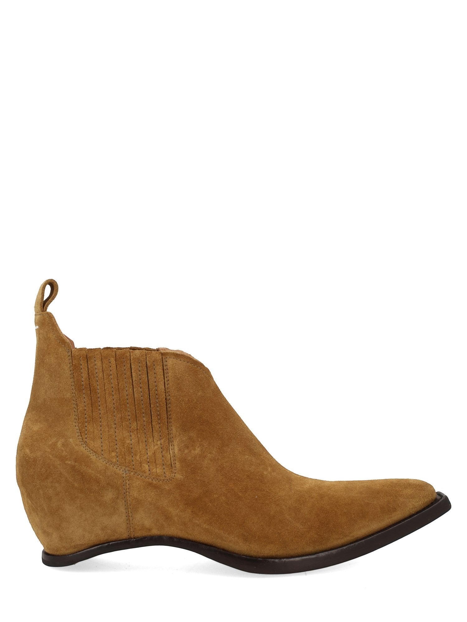 Maison Margiela tan suede Western Chelsea heel-less ankle boots with pointed toe and elastic side panels.