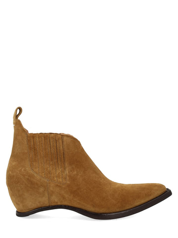 Maison Margiela tan suede Western Chelsea heel-less ankle boots with pointed toe and elastic side panels.