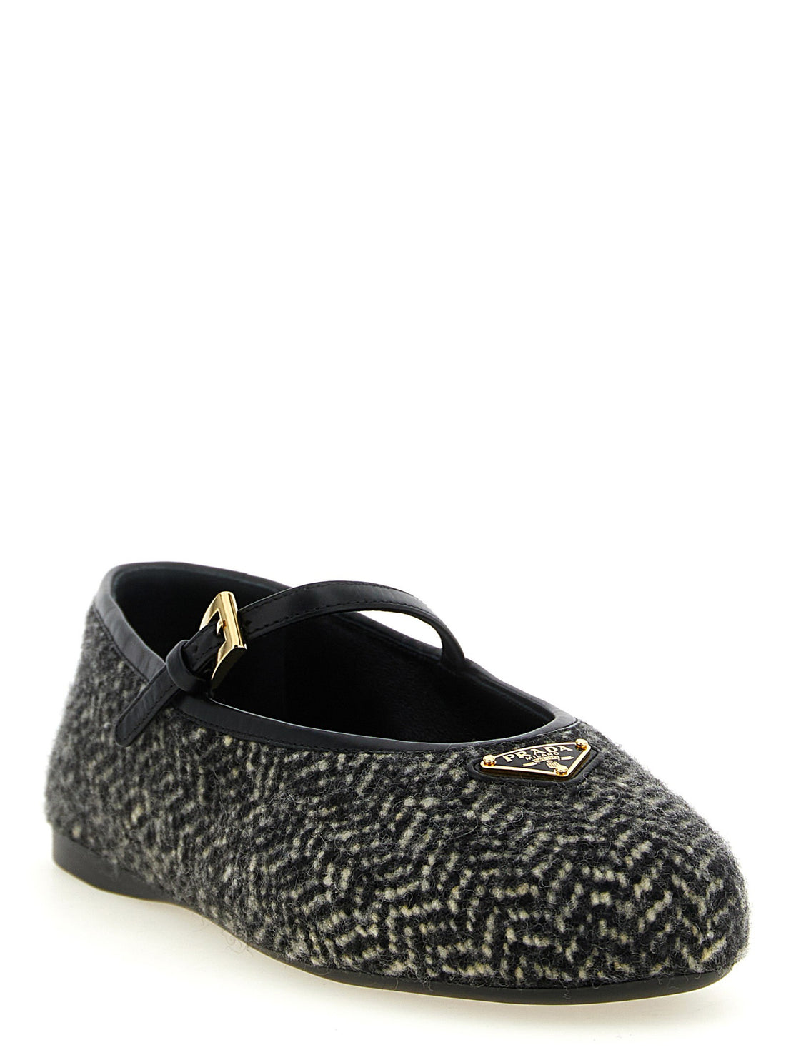 PRADA - Chevron Tweed Mary Jane Ballet Flats White Black