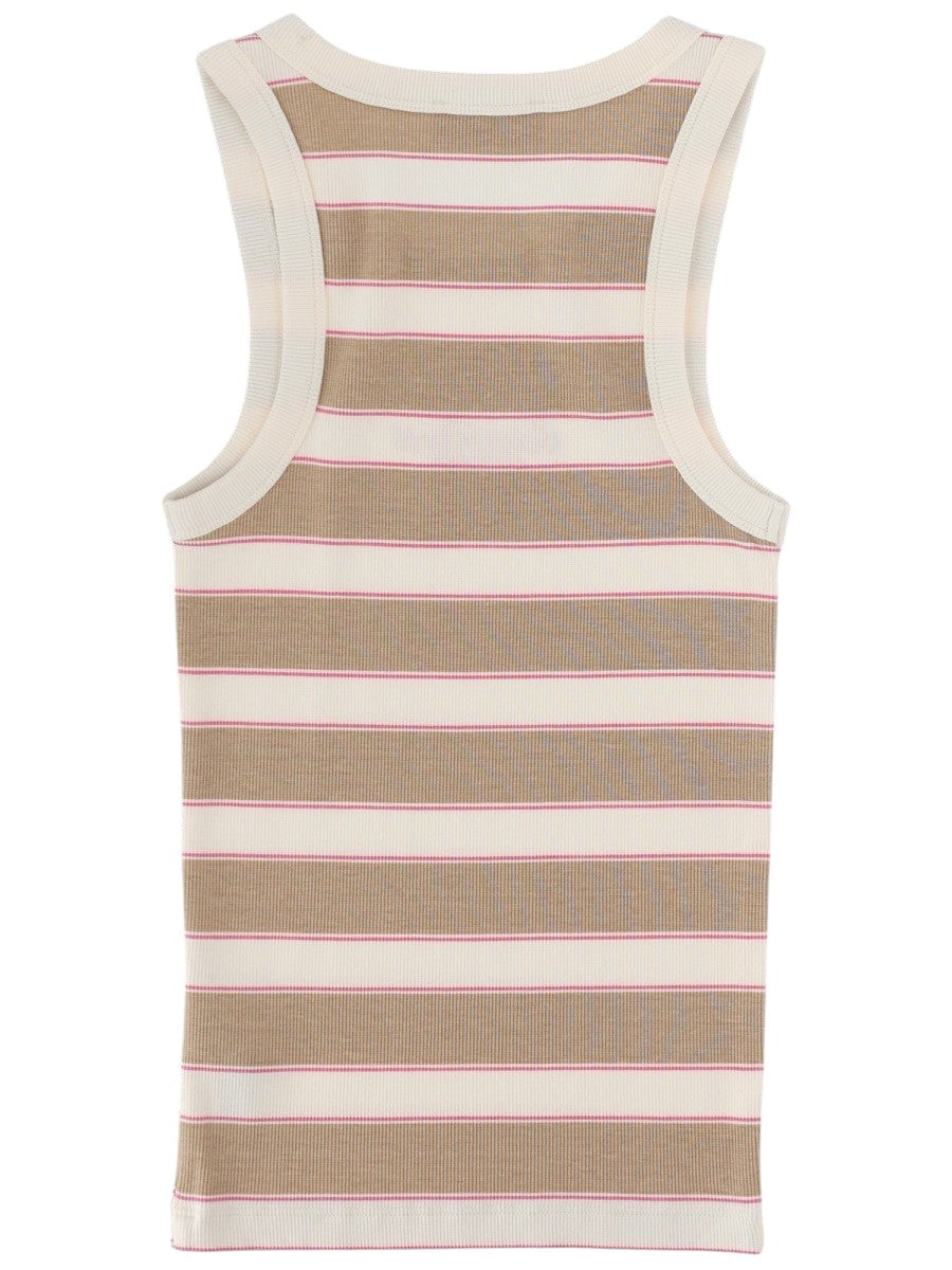 MC2 Saint Barth Ada ribbed tank top featuring beige and white horizontal stripes with pink accents, sleeveless design and embroidered Saint Barth Beach Club logo on the chest.
