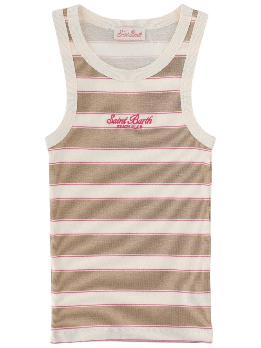 MC2 Saint Barth Ada ribbed tank top featuring beige and white horizontal stripes with pink accents, sleeveless design and embroidered Saint Barth Beach Club logo on the chest.