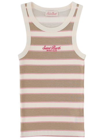 MC2 Saint Barth Ada ribbed tank top featuring beige and white horizontal stripes with pink accents, sleeveless design and embroidered Saint Barth Beach Club logo on the chest.