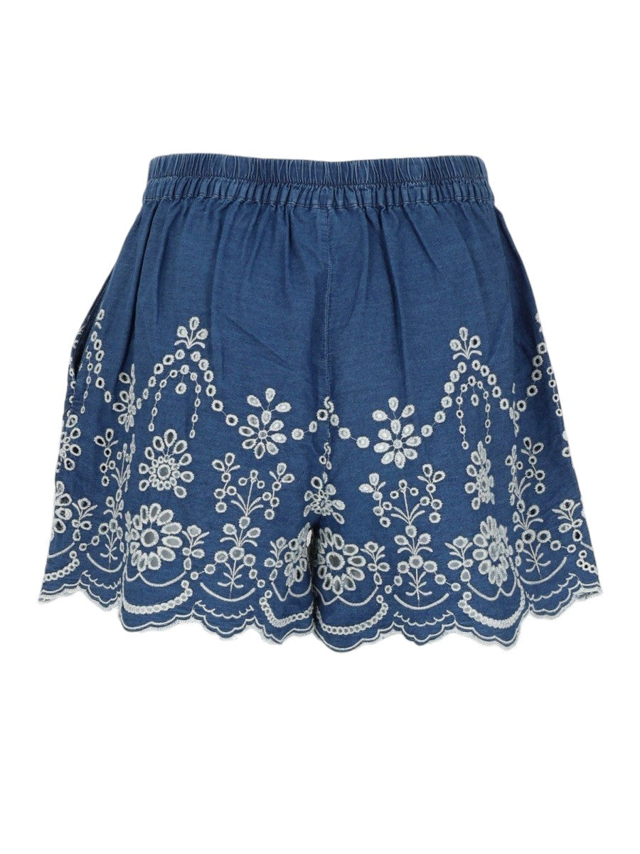 Back view of MC2 Saint Barth Amani chambray embroidered shorts in blue and white featuring floral embroidery and scalloped hem.