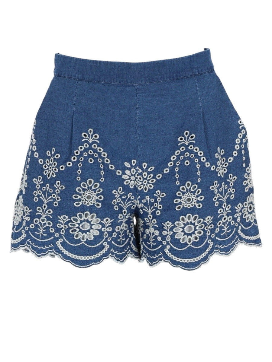 MC2 Saint Barth Amani chambray embroidered shorts in blue and white featuring floral embroidery, scalloped hem and relaxed fit.