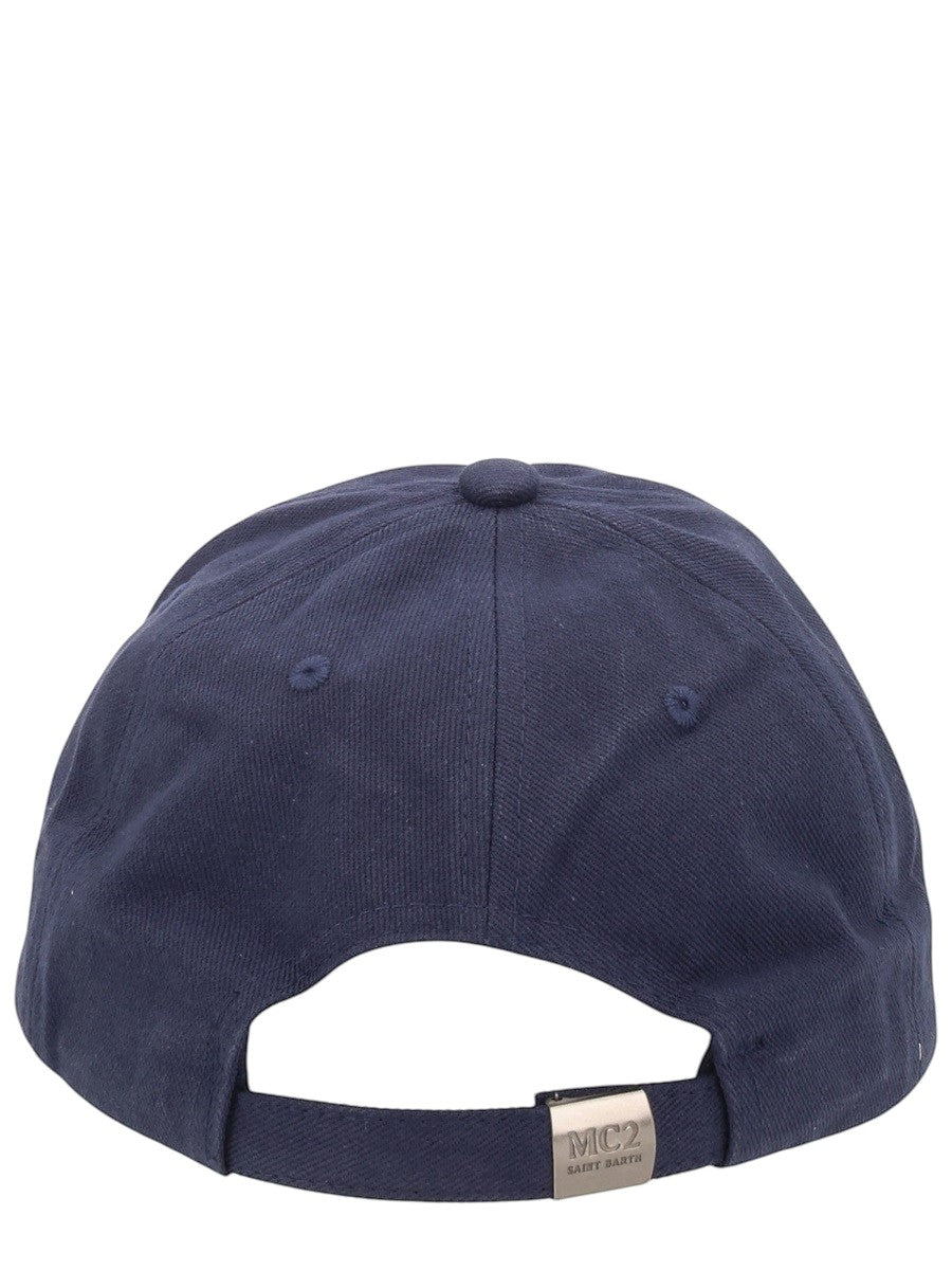 Back view of MC2 Saint Barth navy cotton baseball cap featuring adjustable strap with engraved metal buckle closure.