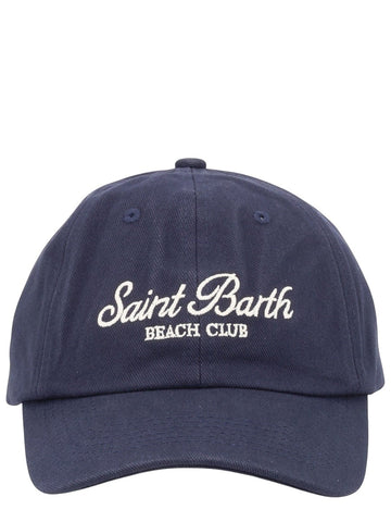 Front view of MC2 Saint Barth navy cotton baseball cap featuring Saint Barth Beach Club white embroidered logo and curved brim.