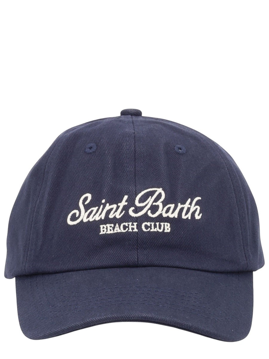 Front view of MC2 Saint Barth navy cotton baseball cap featuring Saint Barth Beach Club white embroidered logo and curved brim.
