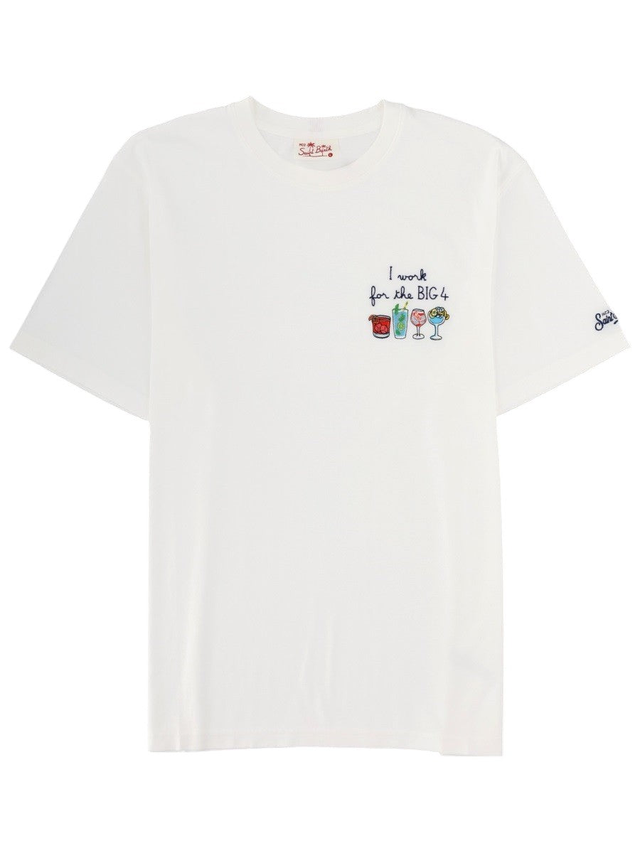 MC2 Saint Barth white cotton T-shirt featuring an embroidered "I Work for the Big 4" slogan with colorful cocktail illustrations on the chest.