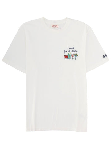 MC2 Saint Barth white cotton T-shirt featuring an embroidered "I Work for the Big 4" slogan with colorful cocktail illustrations on the chest.