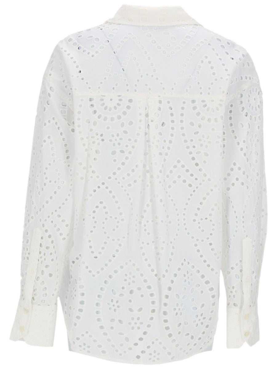 Back view of MC2 Saint Barth broderie anglaise cotton shirt in white with eyelet embroidery and relaxed fit.