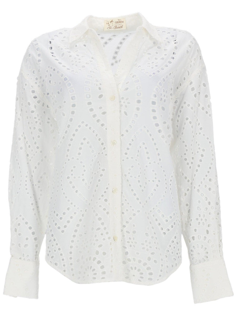 MC2 Saint Barth broderie anglaise cotton shirt in white featuring eyelet embroidery, classic collar and button-front closure.