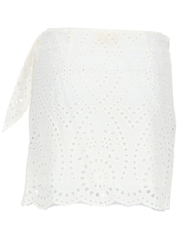 Back view of MC2 Saint Barth broderie anglaise wrap mini skirt in white with detailed eyelet embroidery and scalloped hem finish.