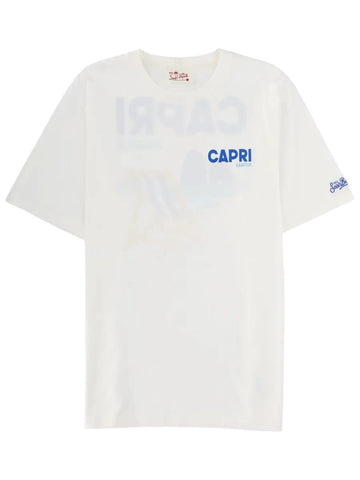 MC2 Saint Barth Capri Habitué white graphic T-shirt with short sleeves, crew neck, blue chest logo and Saint Barth sleeve detail.