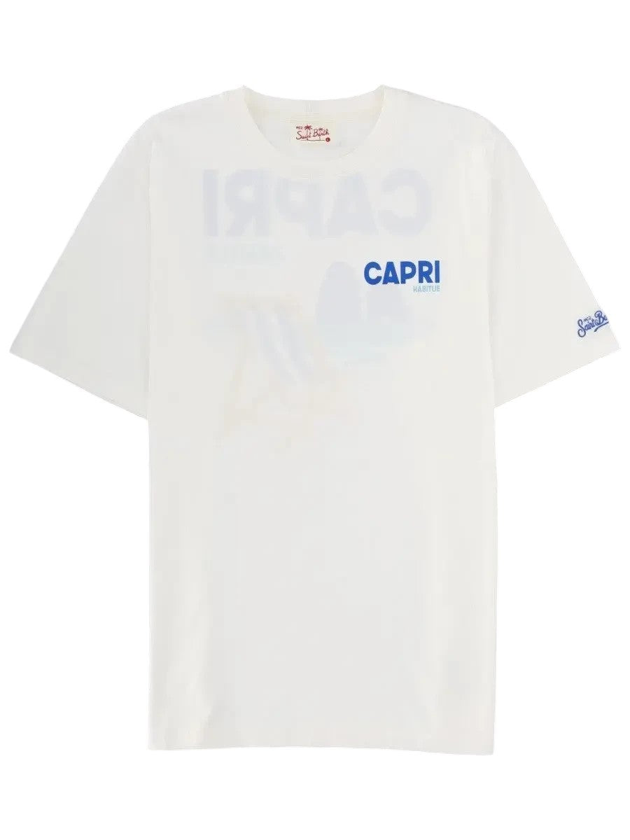 MC2 Saint Barth Capri Habitué white graphic T-shirt with short sleeves, crew neck, blue chest logo and Saint Barth sleeve detail.