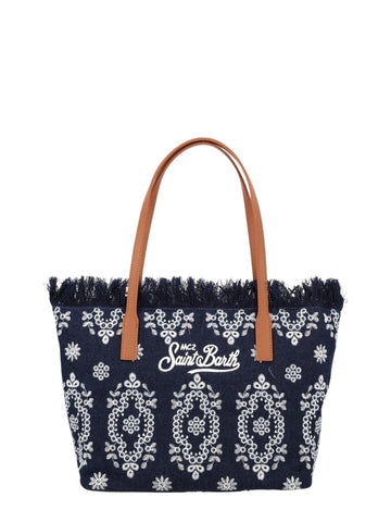 MC2 Saint Barth City Medium navy blue canvas tote bag featuring white embroidered ornamental motifs, frayed top edge and tan leather shoulder handles.