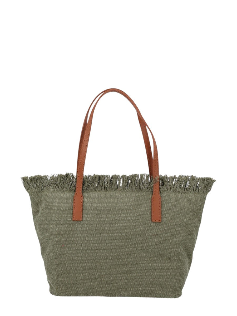 MC2 Saint Barth City Medium olive green canvas tote bag with embroidered logo, frayed top edge and contrasting tan leather shoulder handles.