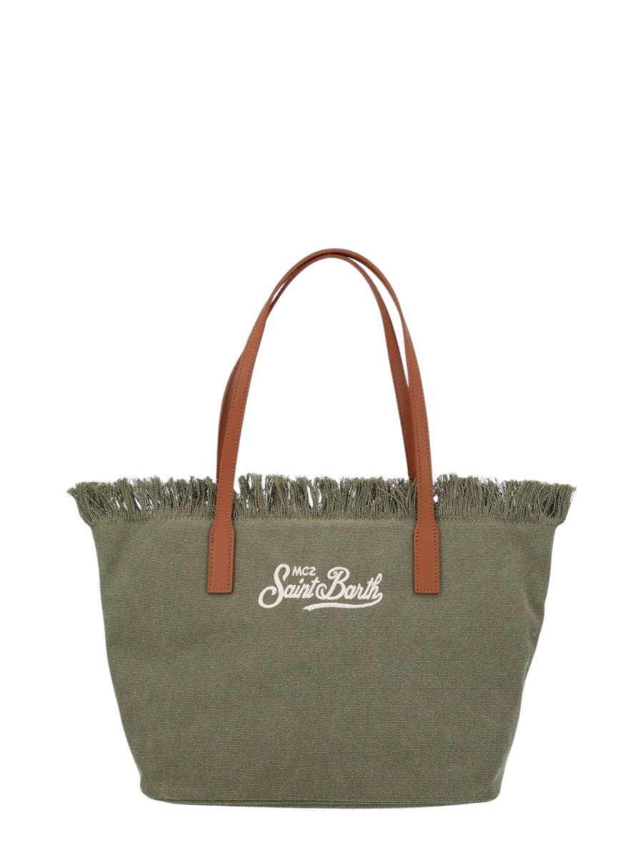 MC2 Saint Barth City Medium olive green canvas tote bag with embroidered logo, frayed top edge and contrasting tan leather shoulder handles.