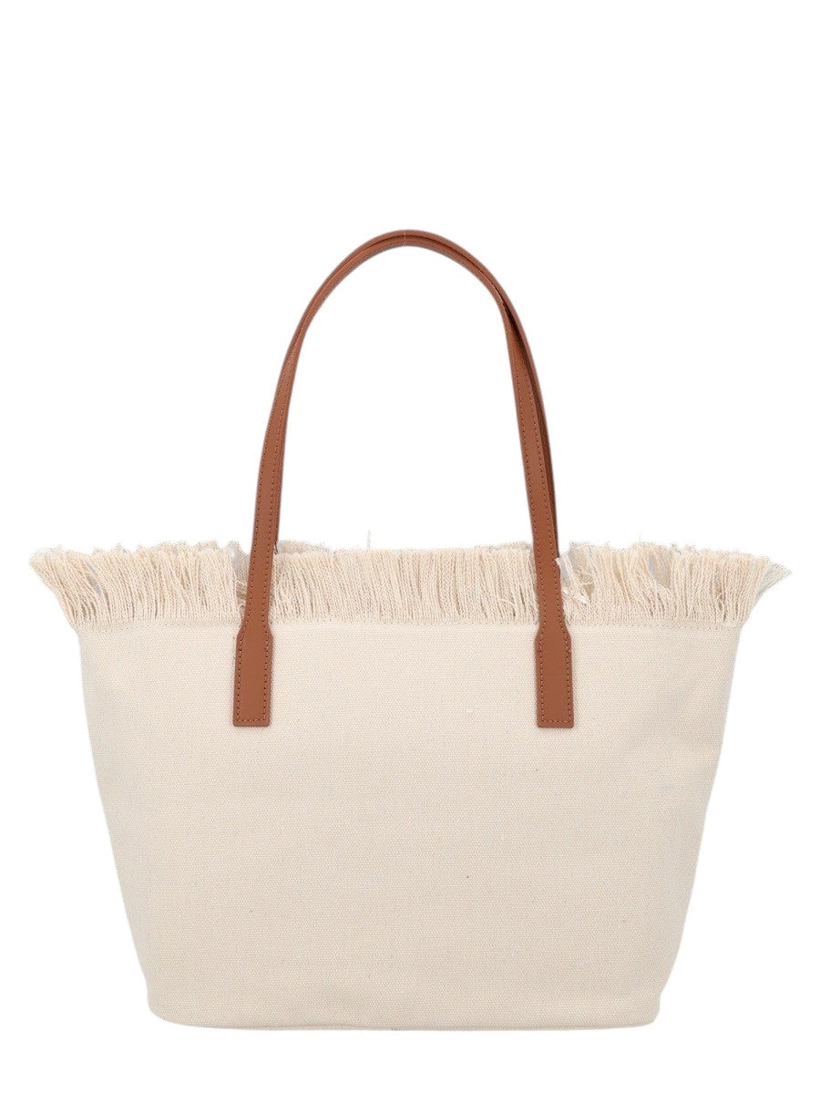 MC2 Saint Barth City Medium ivory canvas tote bag featuring tonal embroidered logo detail, frayed top edge and contrasting tan leather shoulder handles.