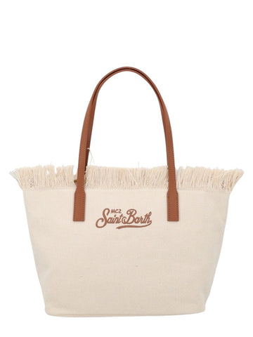 MC2 Saint Barth City Medium ivory canvas tote bag featuring tonal embroidered logo detail, frayed top edge and contrasting tan leather shoulder handles.