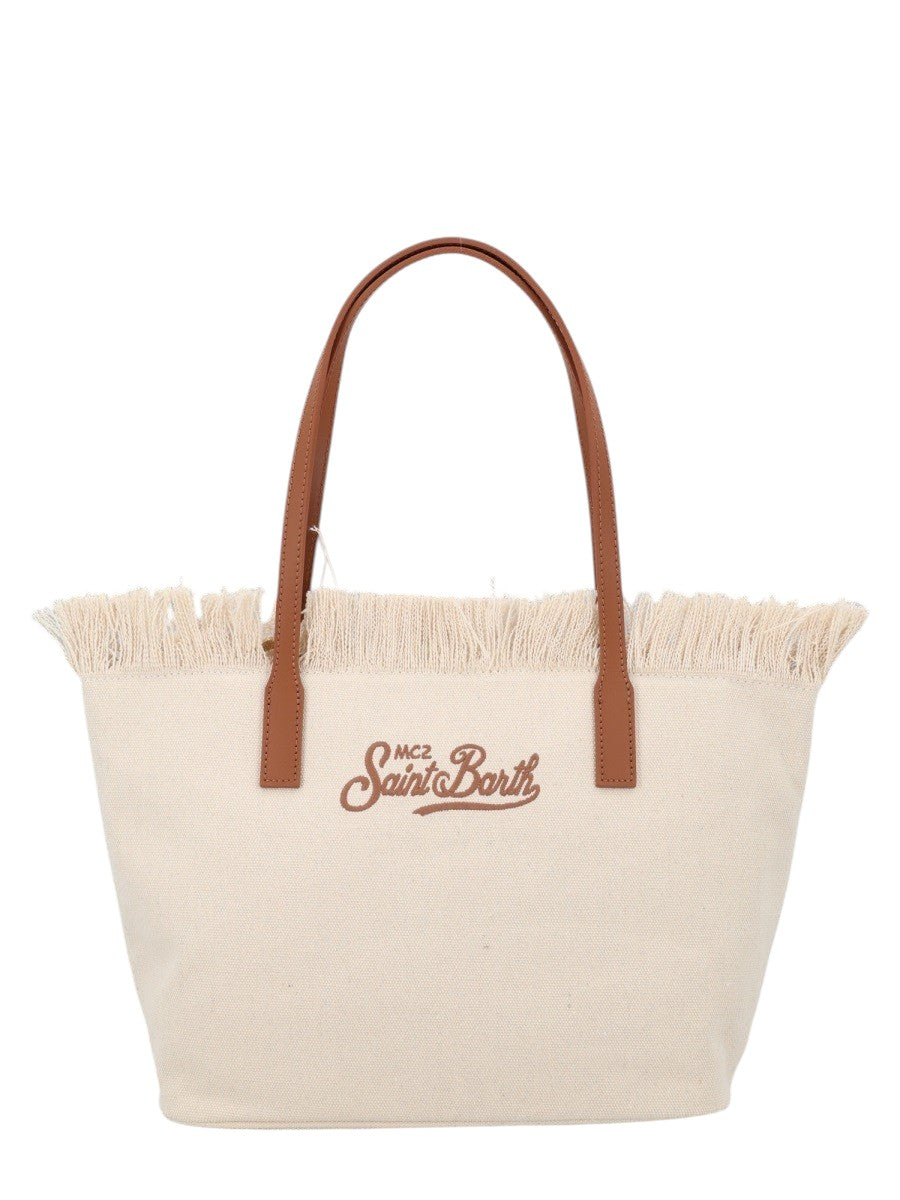 MC2 Saint Barth City Medium ivory canvas tote bag featuring tonal embroidered logo detail, frayed top edge and contrasting tan leather shoulder handles.