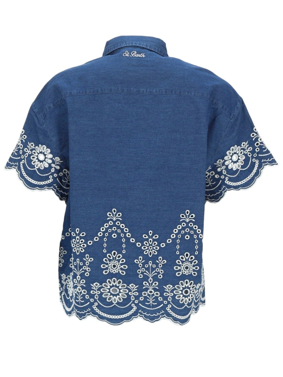 Back view of MC2 Saint Barth Clementine chambray embroidered shirt in blue and white featuring floral embroidery and scalloped edges.