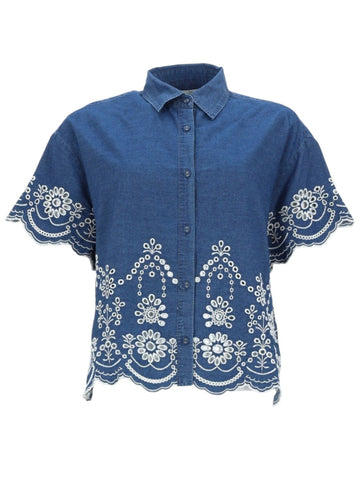 MC2 Saint Barth Clementine chambray embroidered shirt in blue and white featuring floral embroidery, short sleeves and scalloped hem detailing.