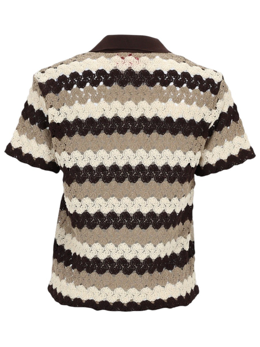 Back view of MC2 Saint Barth crochet stripe knit polo top in brown, beige and white with openwork crochet pattern.
