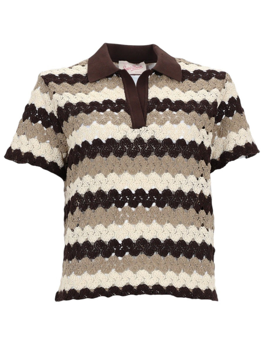 MC2 Saint Barth crochet stripe knit polo top in brown, beige and white featuring an open collar and textured openwork crochet design.
