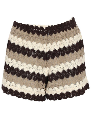 MC2 Saint Barth crochet stripe knit shorts in brown, beige and white featuring a textured openwork crochet design and relaxed fit.